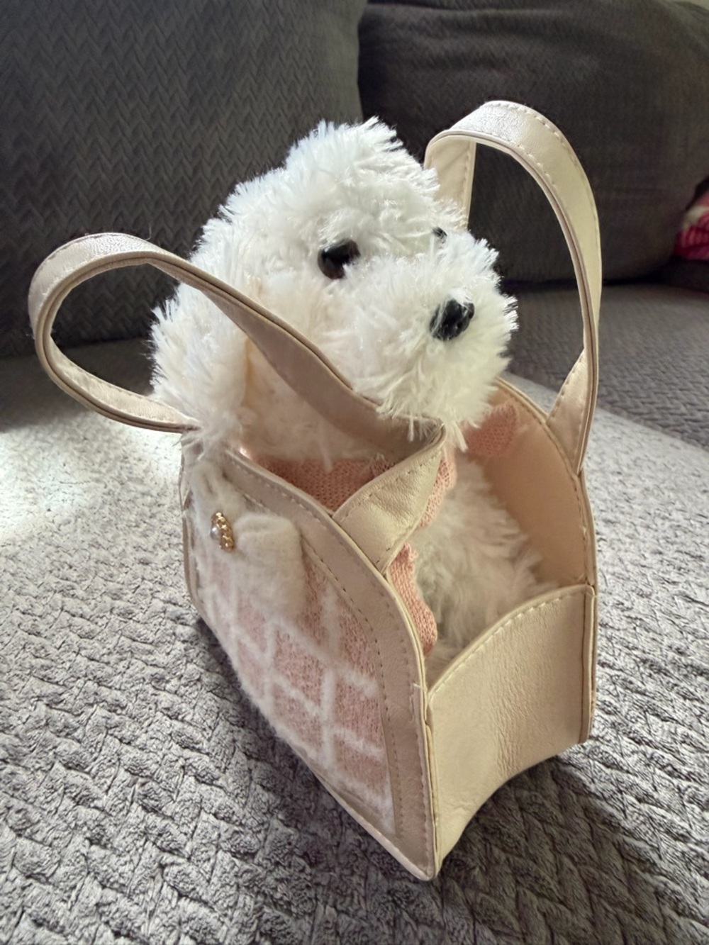 Plush White Puppy with Blush Pink Accent Tote Charm